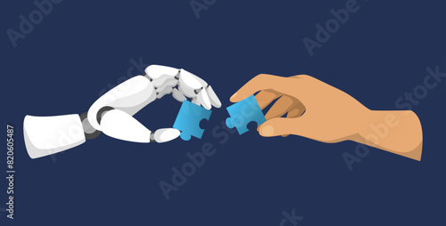 Robot and human hands holding puzzle pieces. Vector illustration of human and robot work together. Concept of teamwork and partnership. Innovation in science, modern technology.