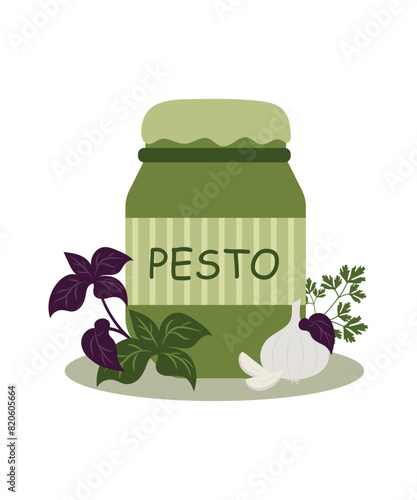 Pesto Sauce in a jar with ingredients nearby such as garlic, parsley, basil. Vector for logo