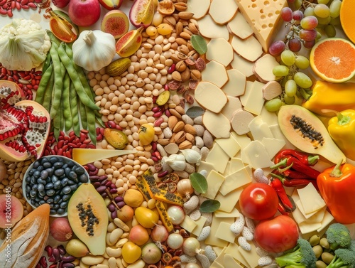 Colorful Culinary Creations  A Vibrant Food Collage Featuring Beans  Vegetables  Fruit  and Cheese