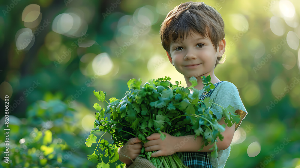 a boy holds a bunch of parsley in his hands a boy holds a bunch of parsley in his hands