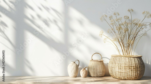 Wicker baskets and table near light background