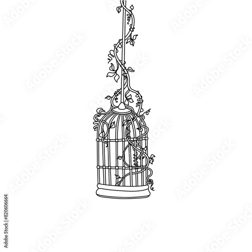 Bird cage entwined with ivy plant flowers line drawing, logo, emblem, hand drawn print, tattoo, isolated vector illustration on white background. (ID: 820606664)