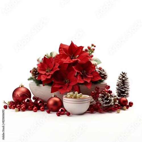 christmas decoration isolated on white, Captivating Festive Ambiance with Poinsettias, Christmas decoration Red poinsettia flowers tree branches ball and berries on white background