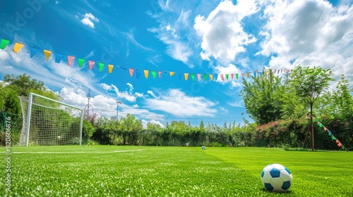 A backyard with a soccer goal and a ball on the grass  rainbow flags  and greenery  with ample copy space in the sky and on the grass