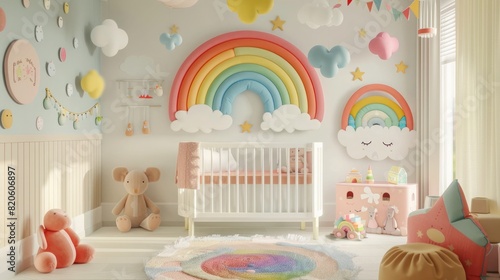 A cozy, pastel-toned nursery decorated with rainbow-themed accents, a crib, soft toys, and wall decorations, with ample copy space on the walls and floor © ULTRAWORKS