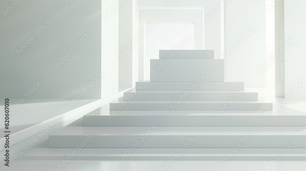 A modern, abstract white pedestal with layered box stands, set in a pristine white environment, A modern, abstract white pedestal with layered box stands, set in a pristine white environment,