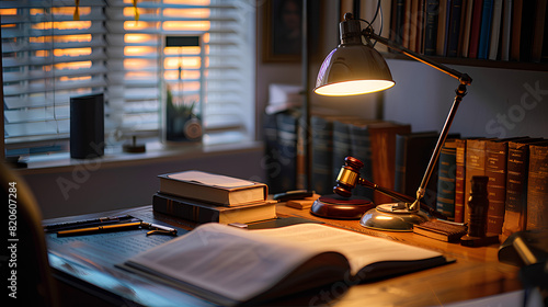 the scene is captured in the soft light of a table lamp combined with the light, of the lawyer's desk