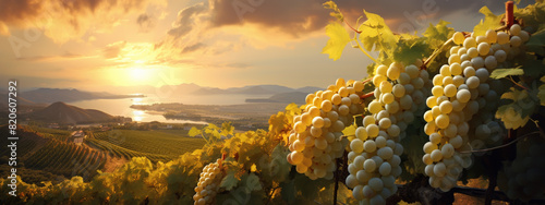 White grapes on a vine in a vineyard on a sunset photo