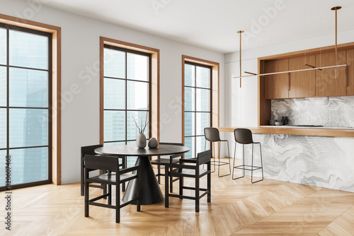Canvas Print Modern home kitchen interior with bar counter and eating table, window