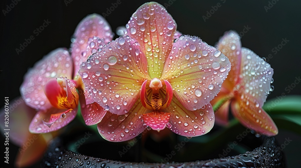 black background, a fresh orchid flowers surrounded by raindrops in a flowerpot, covered with a natural layer of microgloss , LightPink and Yellow skin color black background, a fresh orchid flowers surrounded by raindrops in a flowerpot, covered with a natural layer of microgloss , LightPink and Yellow skin color