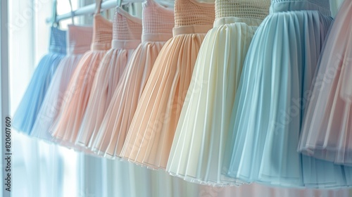 Ballet skirts in pastel colors are suspended on a rack within a vacant white space