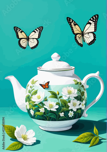 a painting of a teapot with a butterfly flying over it