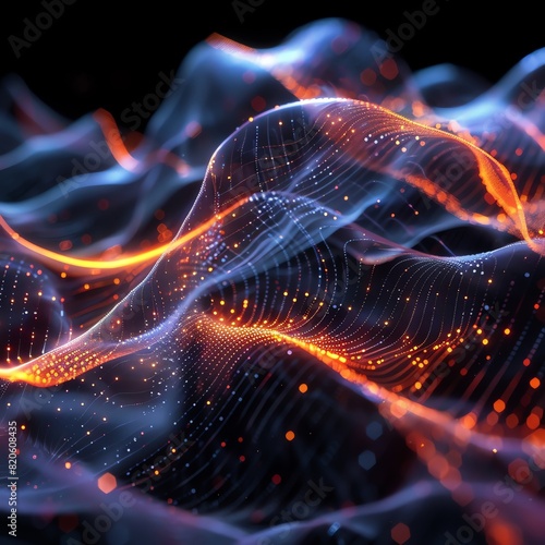 Digital waveforms, closeup, flowing lines of light, dynamic, future tech abstraction