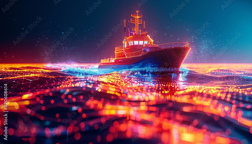 Fototapeta premium Holographic vessel, eyelevel, neon tech ocean map backdrop, sharp focus, modern maritime
