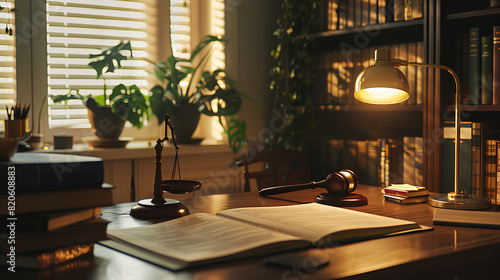 Lawyer's desk with open patent application, view captured in soft light of table lamp combined with light