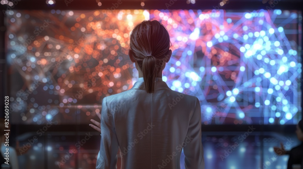 Back View Female Biopharma CEO Confidently Gestures and Delivers a Presentation to an Audience Comprising Diverse Industry Leaders. Generative AI