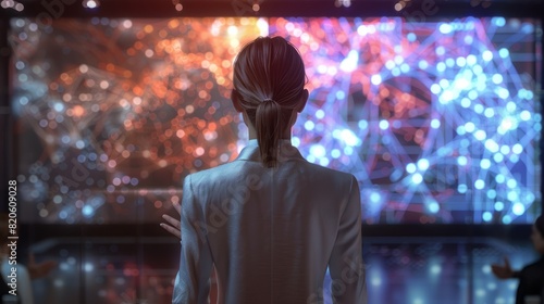 Back View Female Biopharma CEO Confidently Gestures and Delivers a Presentation to an Audience Comprising Diverse Industry Leaders. Generative AI © Johannes