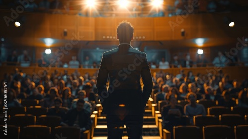 Back view of motivational speaker standing on stage in front of audience for motivation speech on conference or business event.