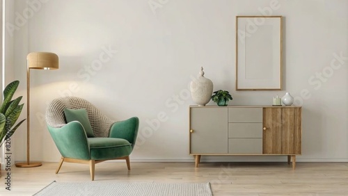 bohemian interior mockup of empty white wall with wooden cabinet  green armchair and floor lamp