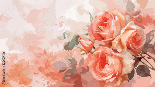 Peach rose flower watercolor bouquet for background w