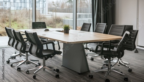 Refined Collaboration: A Minimalist Conference Room Interior Design"chair, table, room, office, interior, business, meeting, desk
