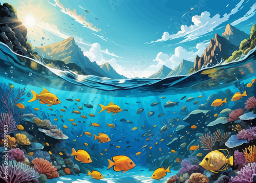 a painting of a underwater scene with fish