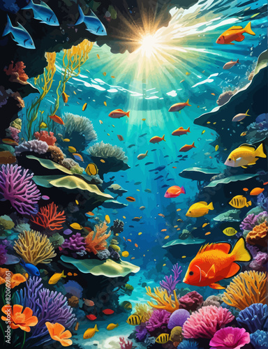 a painting of an underwater scene with fish and corals