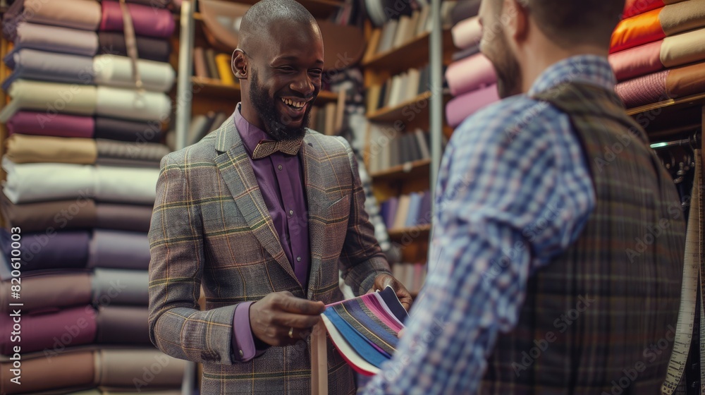 smiling tailor showing fabric swatches smiling tailor showing fabric swatches