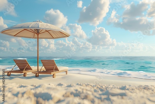 Beach umbrella with chairs on the sand. summer vacation concept. 3d rendering © Hamza