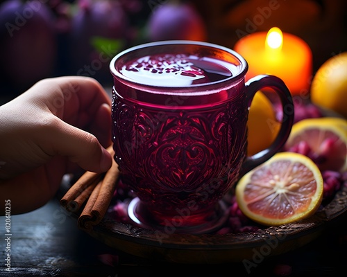 Female hands holding a cup of hot mulled wine on a wooden table with ingredients.