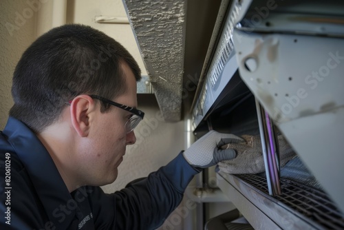 A cleaning technician inspecting HVAC vents and ducts for dust and debris, ensuring air quality in a residential property, Generative AI