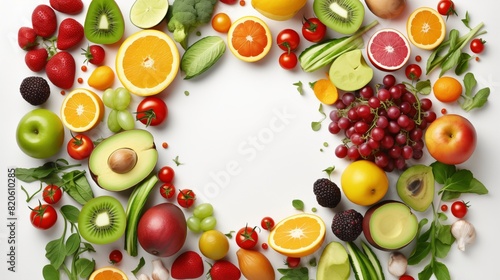 Healthy eating  varieity of fruits and vegetables in rainbow colours on the off white table arranged in a frame with copy space  vertical top view  selective focus