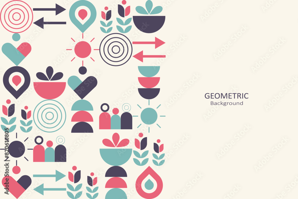Abstract colorful flat geometric on a beige background, template design with the simple shape of symbols. Minimalist design with free space on the side. Family concept. Vector Illustration. Abstract colorful flat geometric on a beige background, template design with the simple shape of symbols. Minimalist design with free space on the side. Family concept. Vector Illustration.