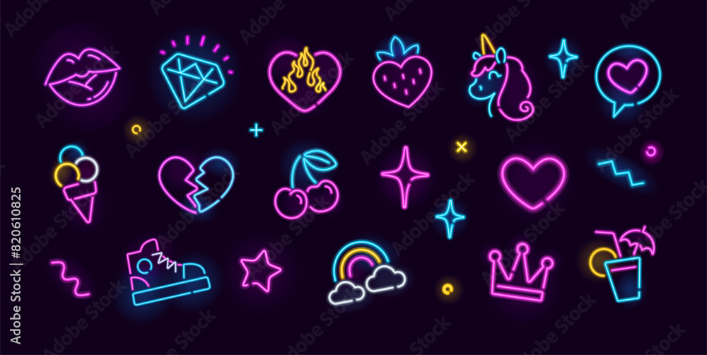 Ταπετσαρία Vector set of neon girly icons of unicorn, diamond, cherry, crown, heart, coktail, ice cream, etc