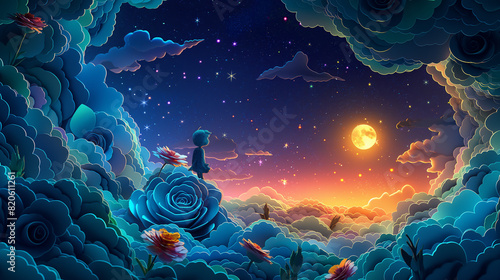 colorful paper cutting art The little prince looks up at the stars and the moonlit sky with stars and the feeling of a wonderland, 3D