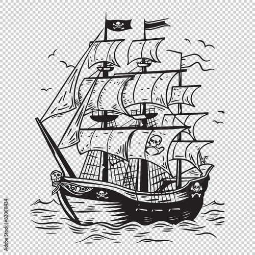 Cartoon pirate ship for kids coloring book pages, black vector illustration on transparent background