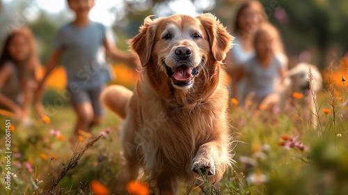 A dog is running through a field of flowers with a group of children.Concept of love for your pet. 