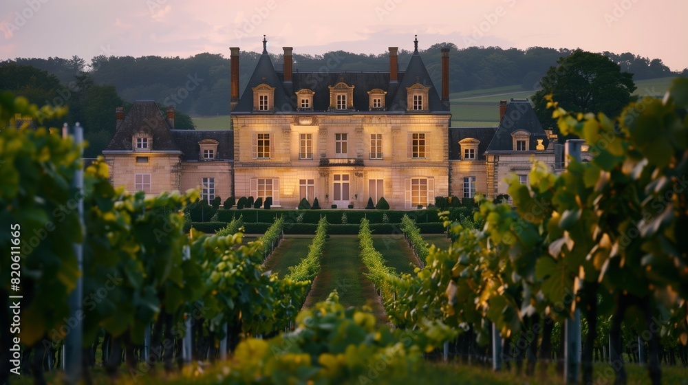 Fototapeta premium A palatial chateau surrounded by rolling vineyards, its stone facade aglow in the soft, golden light of dusk.