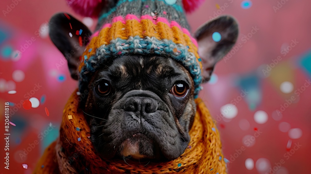 A dog wearing a hat and scarf is standing in front of a red background.Dog birthday celebration concept. A dog wearing a hat and scarf is standing in front of a red background.Dog birthday celebration concept.