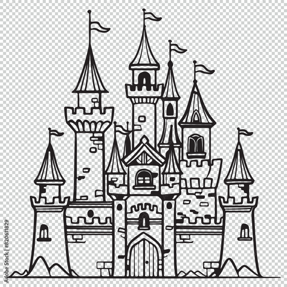Fototapeta premium Line art cartoon design of castle palace, black vector illustration on transparent background
