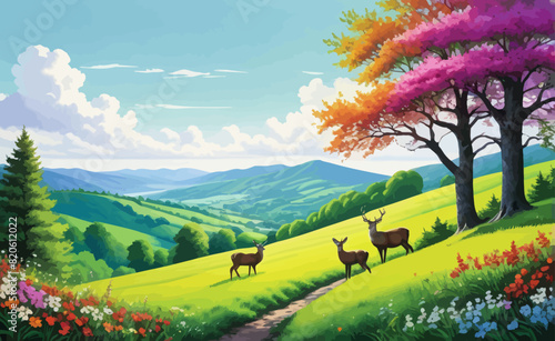 a painting of two deer standing in a field