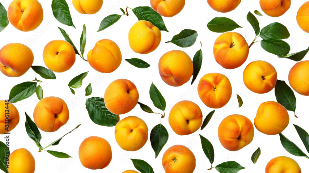 Top View of Fresh peaches with Green Leaves PNG, pbg cutout, isolated on transparent background Top View of Fresh peaches with Green Leaves PNG, pbg cutout, isolated on transparent background