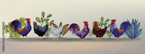 Set of chicken, rooster, hen, poultry farm animal set collection hand drawn vector illustration. Livestock pet domestic animal.
