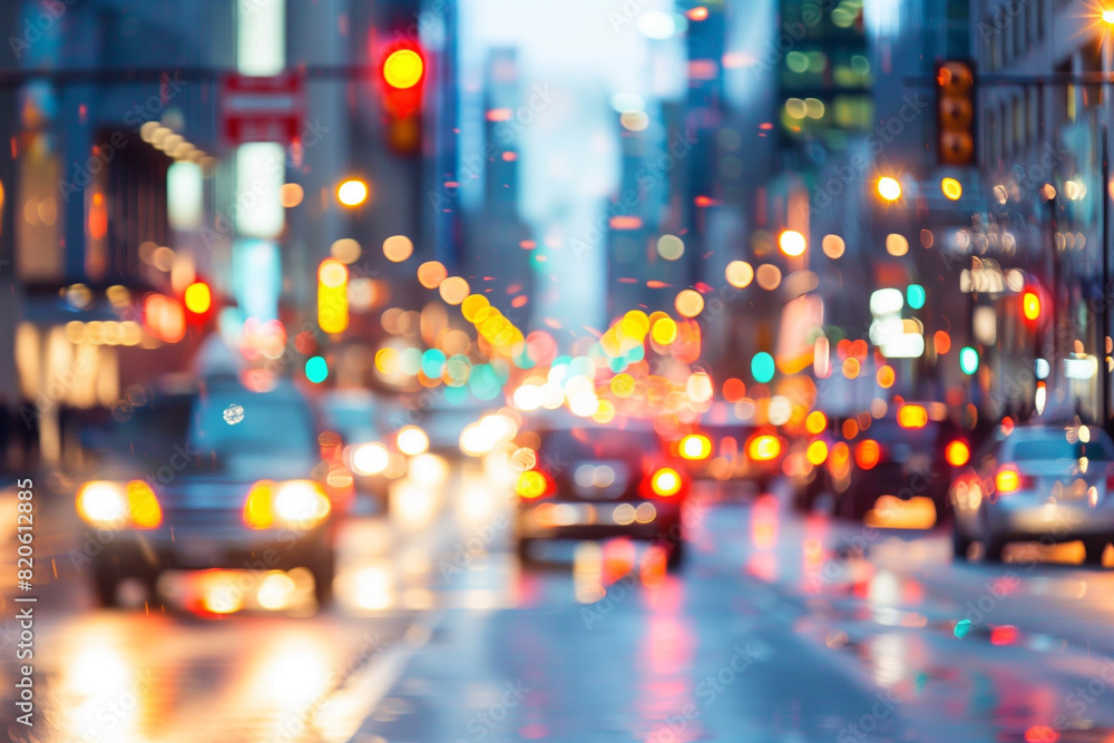 Busy City Street at Dusk with Colorful Lights and Blurred Traffic Busy City Street at Dusk with Colorful Lights and Blurred Traffic