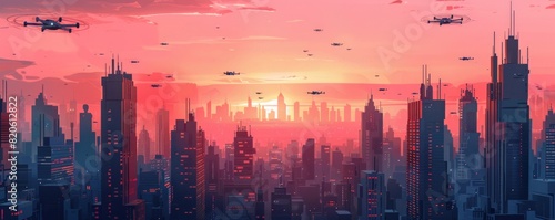 A dystopian cityscape dominated by towering skyscrapers and oppressive architecture, where citizens navigate the labyrinthine streets under the watchful gaze of surveillance drones.   illustration. photo