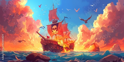 Shipwreck after pirate ship attack. cartoon of sailboat burning, vintage corsair vessel with jolly roger skull on black flag, clouds and birds in summer sky, stones above sea illustration photo