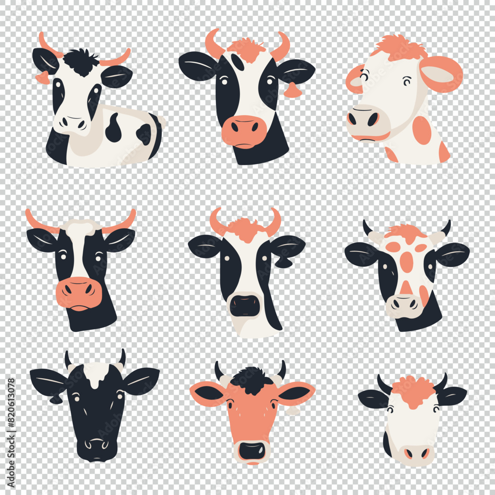 Fototapeta premium Collection of cow heads as flat logo designs, vector illustrations on transparent background