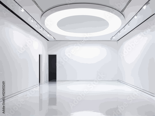 a white room with a round ceiling light