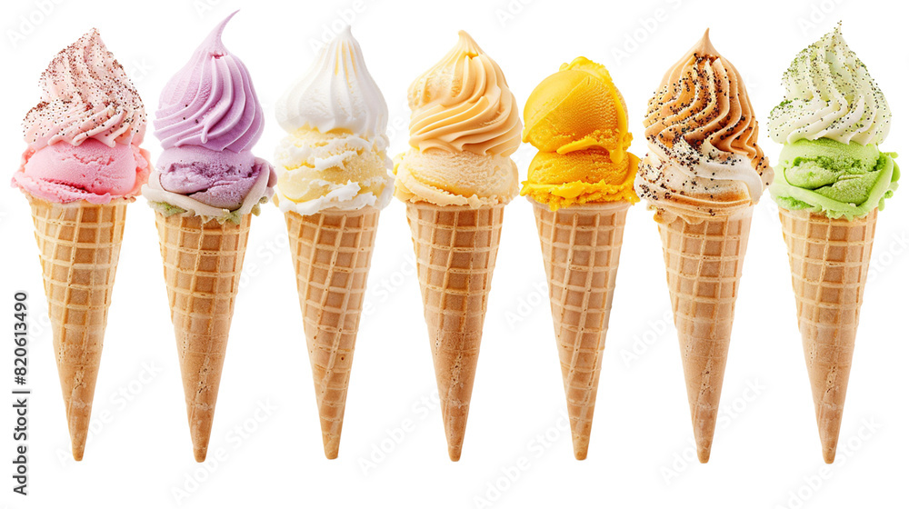 Ice cream scoop on waffle cone on transparent background cutout, PNG file. Many assorted different flavour Mockup template for artwork design Ice cream scoop on waffle cone on transparent background cutout, PNG file. Many assorted different flavour Mockup template for artwork design