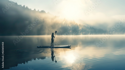 Woman on a stand-up paddleboard, calm lake, morning mist, serene, Realistic, photo